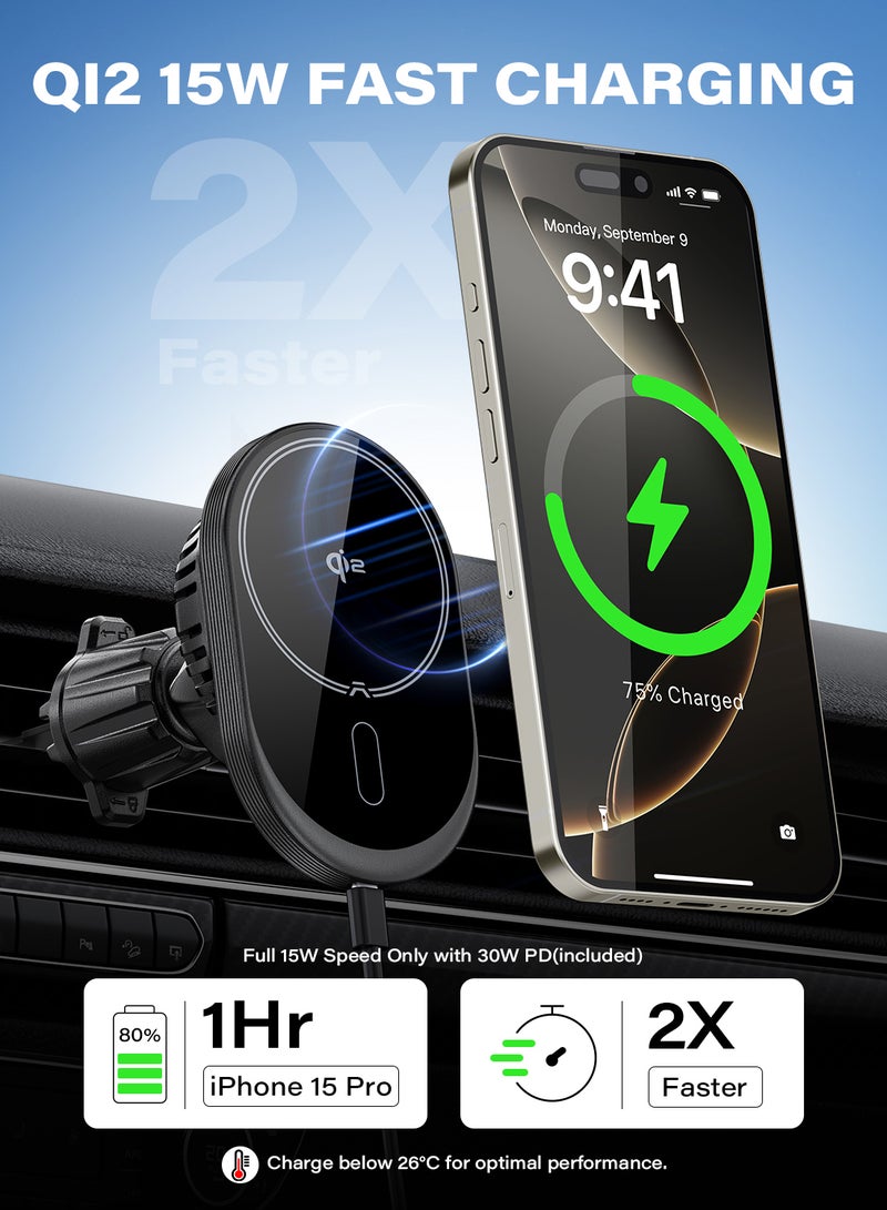 A2C MagSafe Car Mount Charger, QI2 15W Wireless Car Charger with Semiconductor Cooler, Magnetic Car Charger for iPhone 16 15 14 13 12, Dash+Windshield+Vent Mount, PD 30W Adaptor Included - Image 3